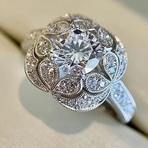 New Art Deco-18k White Gold Plated & White Topaz Ring Size 7 1/2